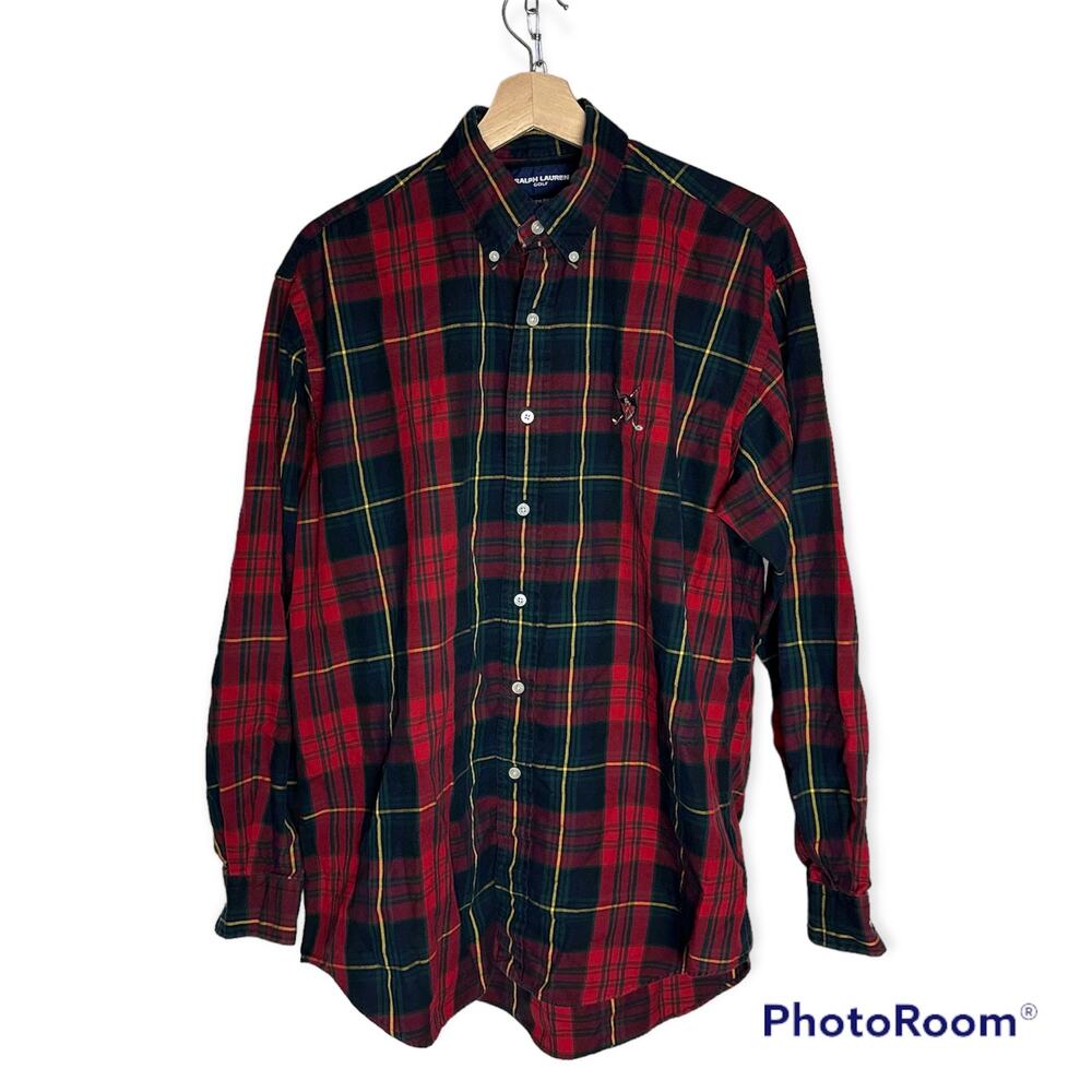 Ralph Lauren Golf Men's Medium VTG 100% Cotton Tilden Button Down Tartan Shirt